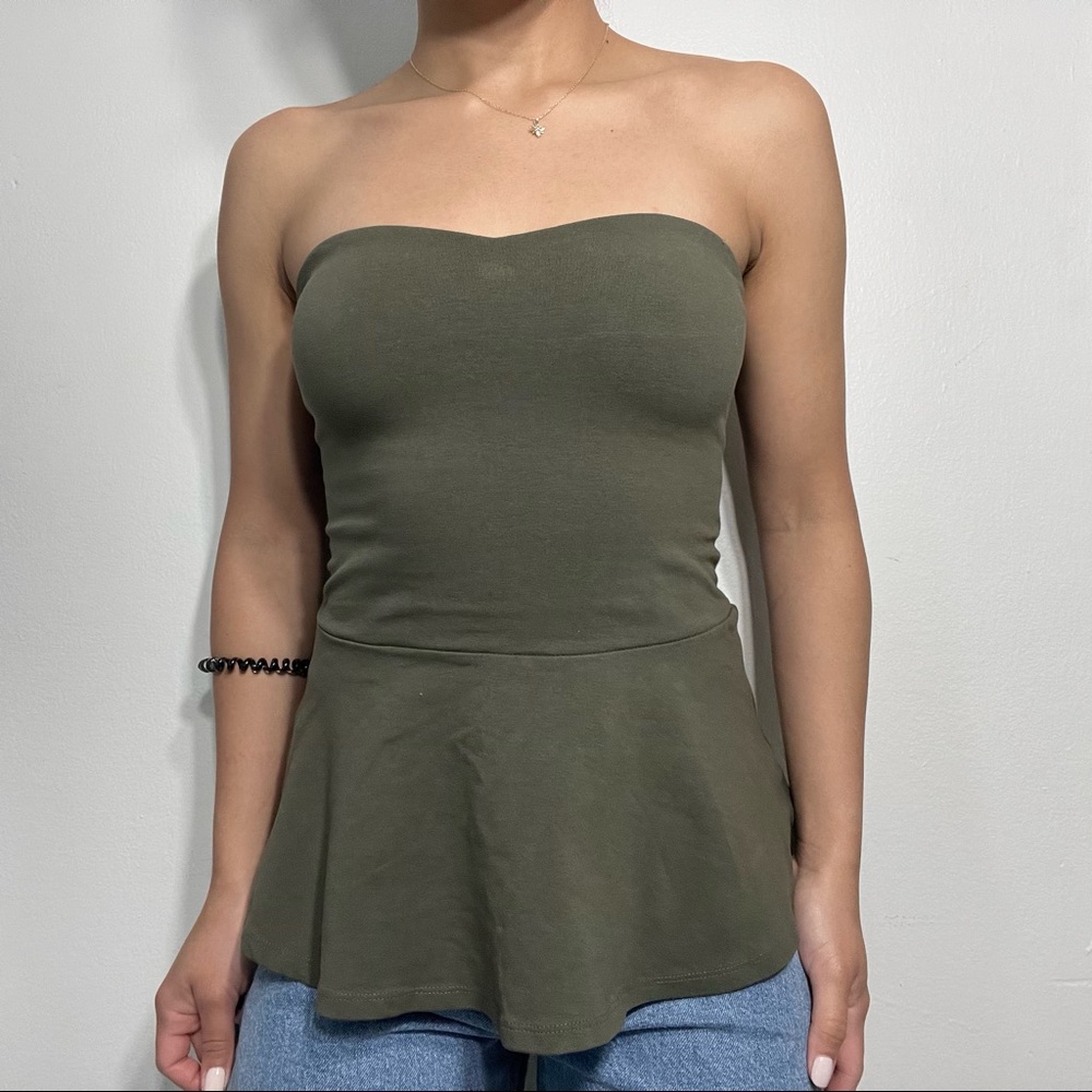 Olive Green Preppy Off The Shoulder Peplum Top from Express